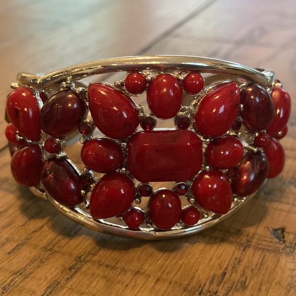 Cuff style bangle bracelet with red and silver - Picture 2 of 3